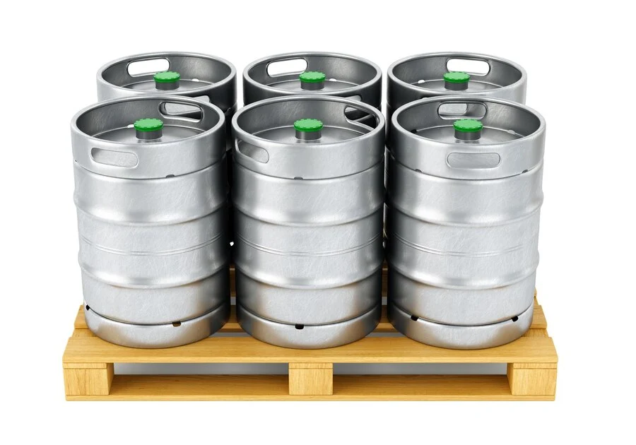 6 mini kegs in display on a pallet